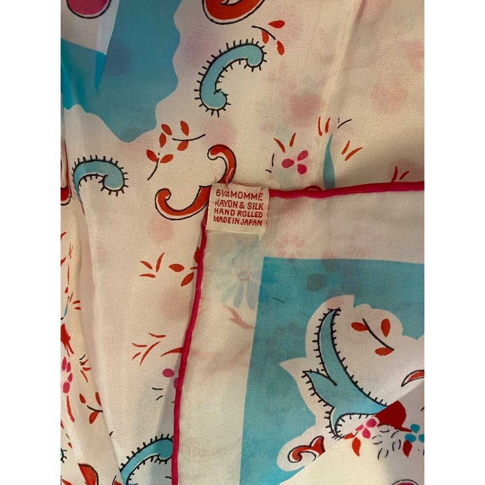 Vintage Giammona Rayon Silk Scarf White Red Polka Dot Blue Floral 30x30 Japan - Picture 5 of 8